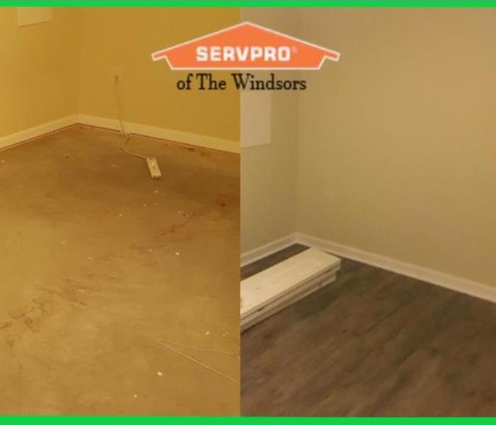 GREEN BORDER, two pictures of the same room, on the left are concrete dirty floors on the right new wood flooring and clean,