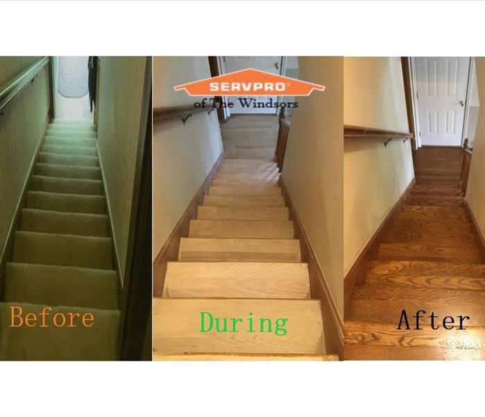 three images of the same staircase, one with carpet, one with new wood floors, the third with newly finished floors-script