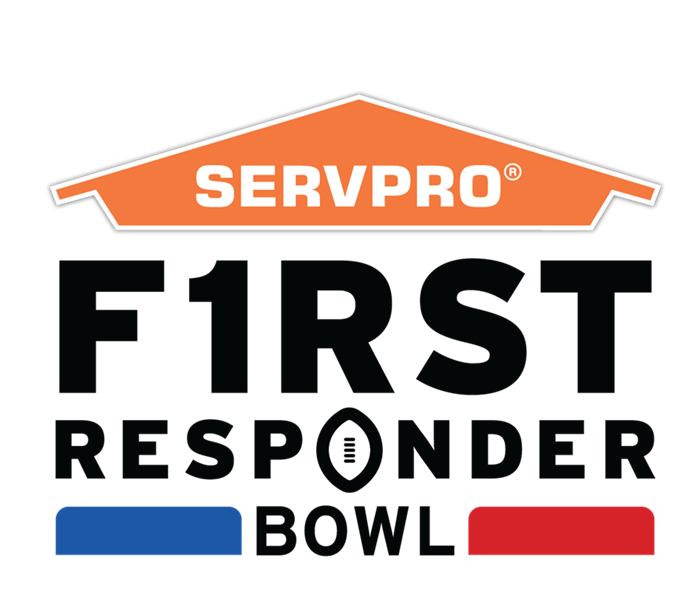 White Background with Orange SERVPRO logo reads "First Responder Bowl" In black with Blue and Red underline