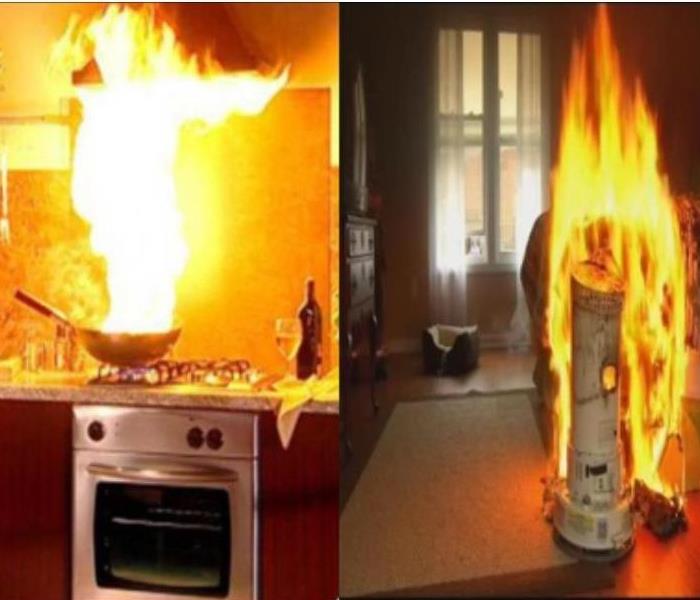 2 pictures merged into one, on the right there shows a kitchen with stovefire and countertops, left a space heater on fire