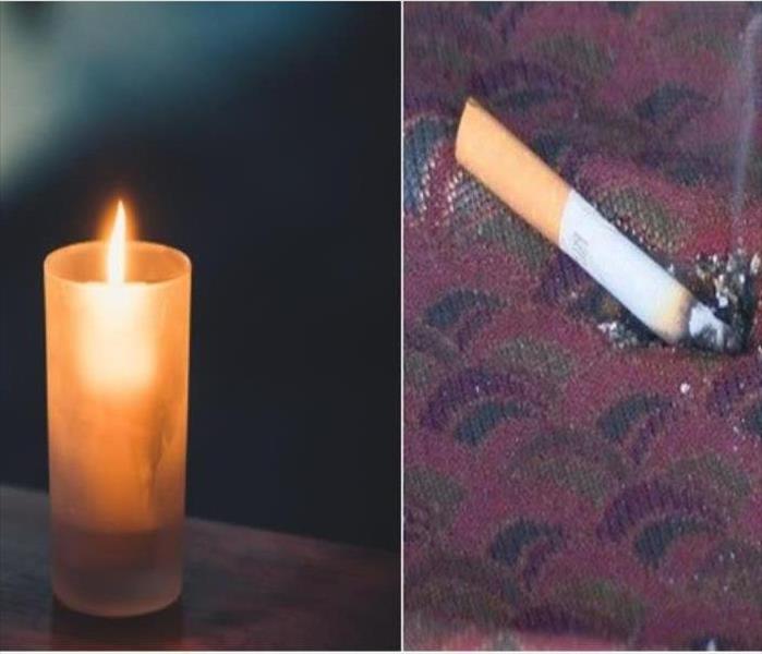 2 pictures merged on the right a small candle light atop a wooden piece of furniture, on the left cigarette burning on a sofa