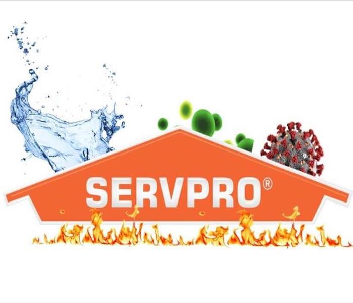 servpro logo, flame, covid rna, mold spores, water