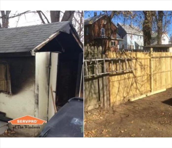 Picture of a shed that caught fire beside a picture of the backyard once shed was removed