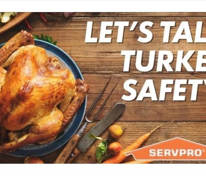 Cooked Turkey with different cooking utensils, seasonings, and veggies scattered around it reads"lets talk turkey safety"